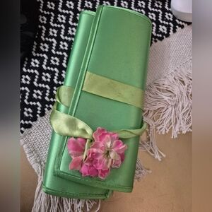 Green Satin Jewelry Cosmetic Travel Roll with Pink Floral Accent